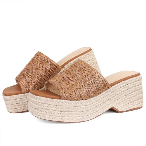 EQAUDES Wedge Sandals Platform Espadrilles Slip on Wedges for Women Brown Wedge Slides Raffia Straw Sandals Flatform Open Toe Beach Sandals Size 7.5 | Amazon (US)