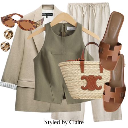 Spring layers👌🏼
Tags: quarter sleeve linen blazer stripe lining, khaki top with detail, trousers, Celine straw tote bag raffia, Hermes sandals cross over, miu miu sunglasses, gold accessories. Fashion spring primavera inspo outfit ideas casual city break Barcelona & other stories zara chic styling neutral

#LTKitbag #LTKstyletip #LTKshoecrush