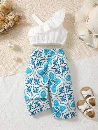 Baby Asymmetrical Neck Ruffle Trim Top & Floral Print Wide Leg Pants | SHEIN