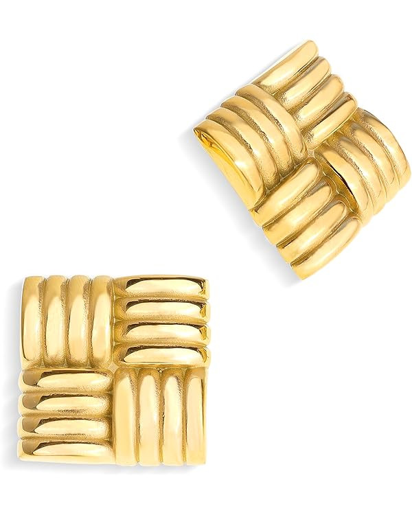 JeanBeau Chunky Large Square Stud Earrings for Women, Trendy Statement Geometric Rectangle Textur... | Amazon (US)