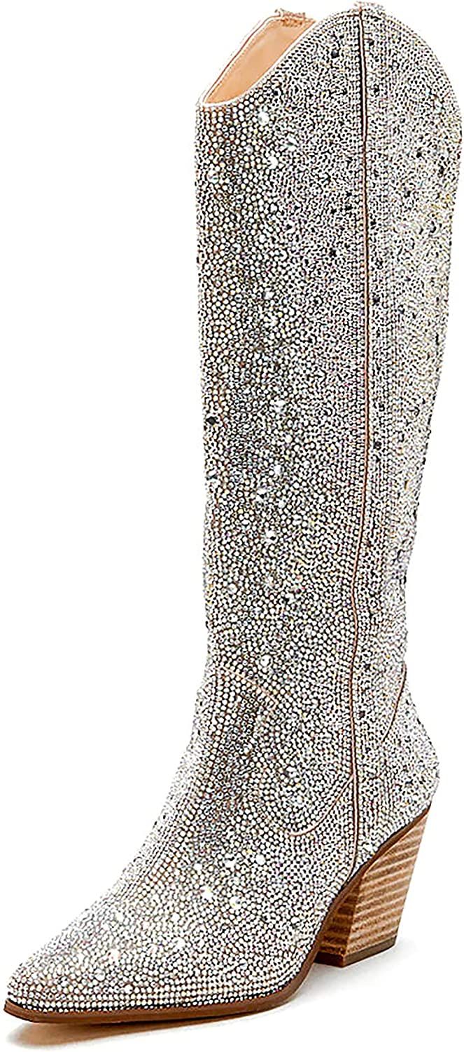Ouepiano Women's Cowboy Boots Cowgirl Ankle Boots Western Rhinestones Boots Pointed Toe Low Chunk... | Amazon (US)
