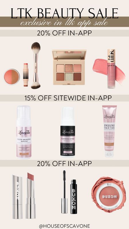 exclusive in app SALE 5/16-5/19 use code:
#beauty #beautyfavs #beautyfinds #makeupfavs #makeup #eyemakeup #lipstick #selftanner #selftanning #mousse #eyeshadow #foundation #exclusivesale #beautysale 

#LTKSaleAlert #LTKFindsUnder50 #LTKBeauty