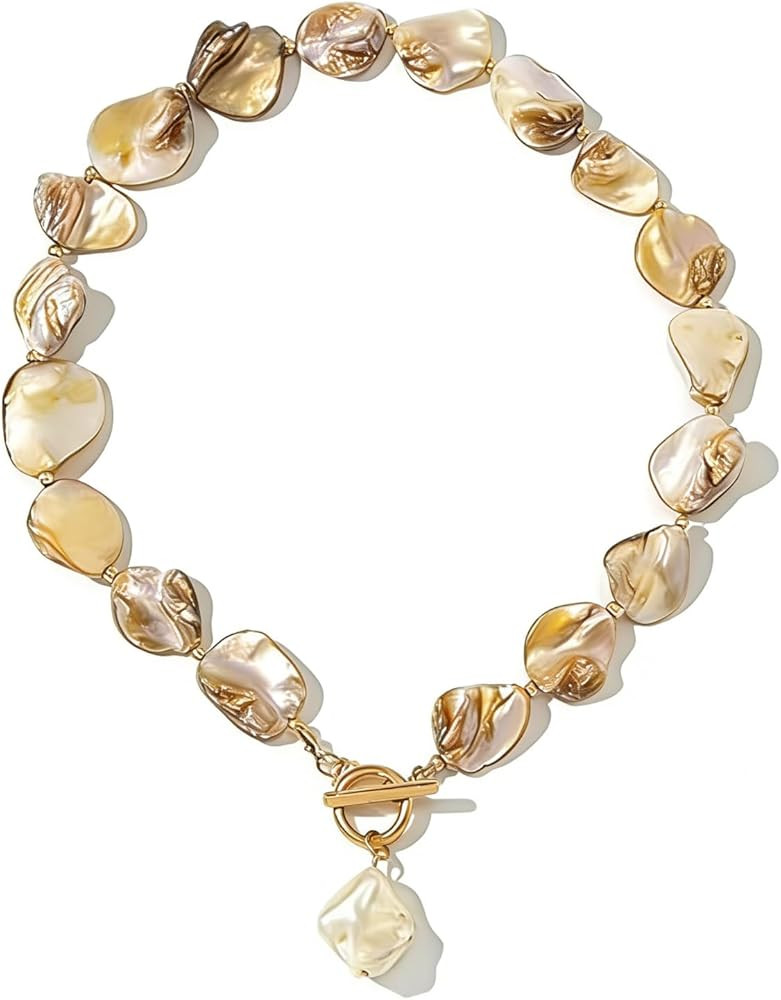 Chunky Shell Choker Necklace for Women,Natural Irregular Pearl Beaded Beach Necklaces,OT Buckle Pearl Pendant Choker,Bohemian Beach Necklace,Summer Beach Vacation Jewelry Gift for Women | Amazon (US)