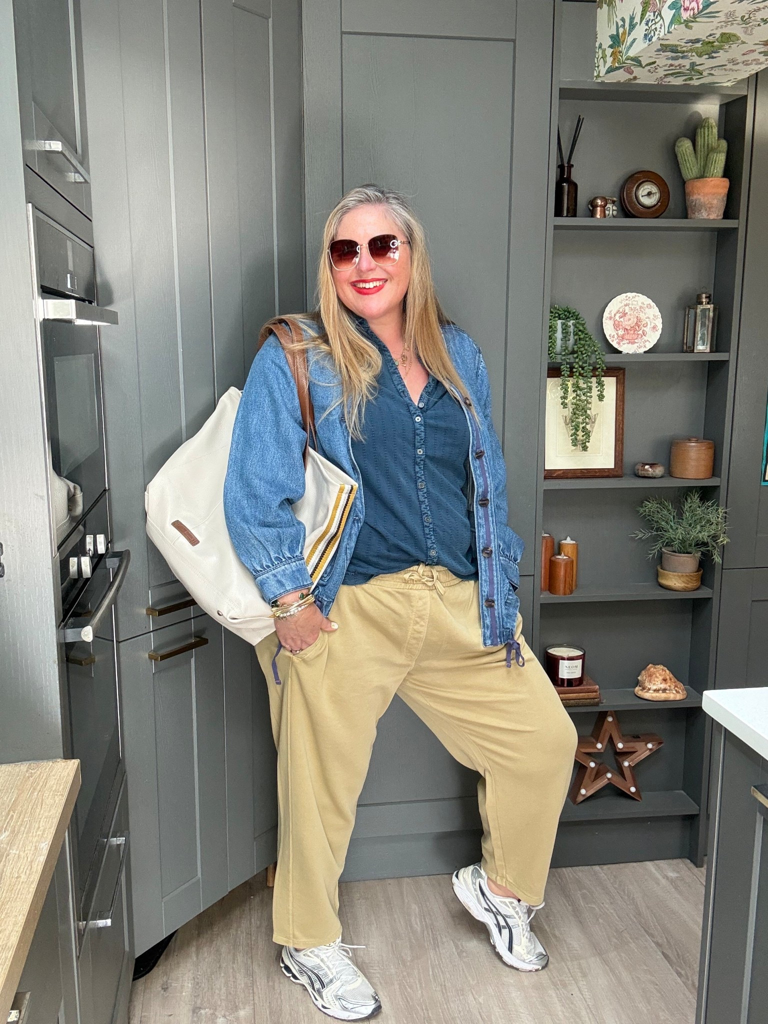 Denim utility jacket, jersey shirt, khaki barrel joggers, sunglasses, leather tote

#LTKstyletip #LTKplussize #LTKspring