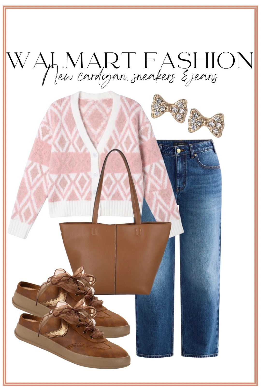Walmart fashion new arrivals are TOO good! 🎀🤎 This entire outfit is such a cute way to transition into fall—starting with the prettiest pink and white patterned cardigan paired with classic wide leg jeans. And these sneakers?! 😍 The brown color with the sheer ribbon laces is such a fun, feminine detail!

Add the cognac tote and sparkly bow earrings for the cutest finishing touches. ✨ So many adorable new Walmart fashion finds in one look, and I love how everything mixes affordable everyday style with those elevated details that make an outfit feel extra special!

#WalmartFashion #WalmartFinds #WalmartNewArrivals #WalmartStyle #WalmartOutfit #AffordableFashion #FallFashion #FallOutfitIdeas #CardiganOutfit #WideLegJeans #WalmartShoes #SneakerStyle #AffordableStyle #EverydayStyle #WalmartFashionFinds

#LTKootd #LTKPetite