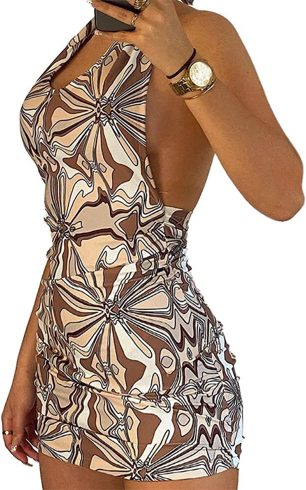 Women Sexy Halter Mini Dress Y2K Sleeveless Backless Bodycon Dress Summer Beach Party Sundress E-... | Amazon (US)