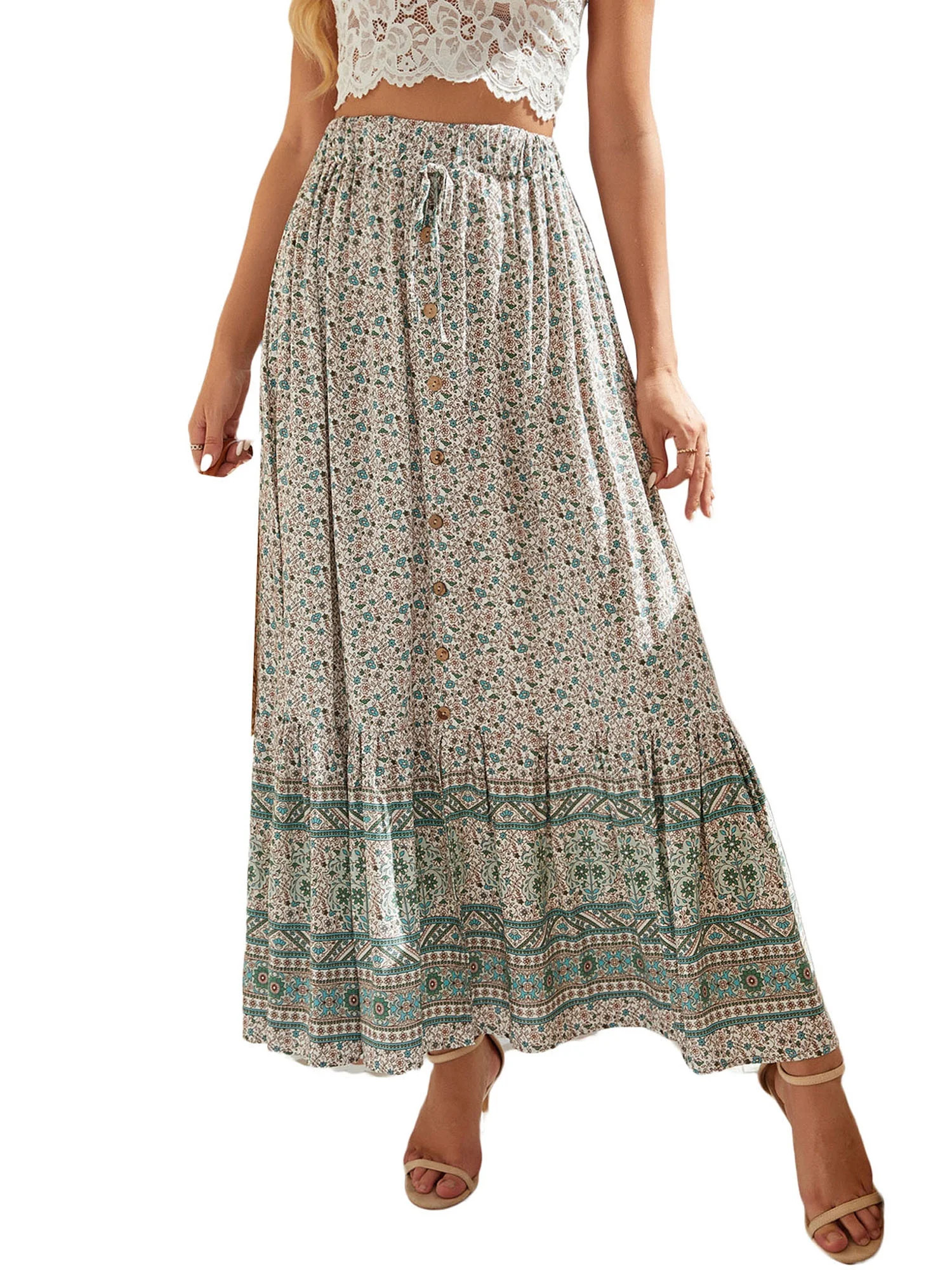 Womens Summer Boho Floral High Waist A-Line Skirt Ruffle Beach Midi Maxi Skirt | Walmart (US)