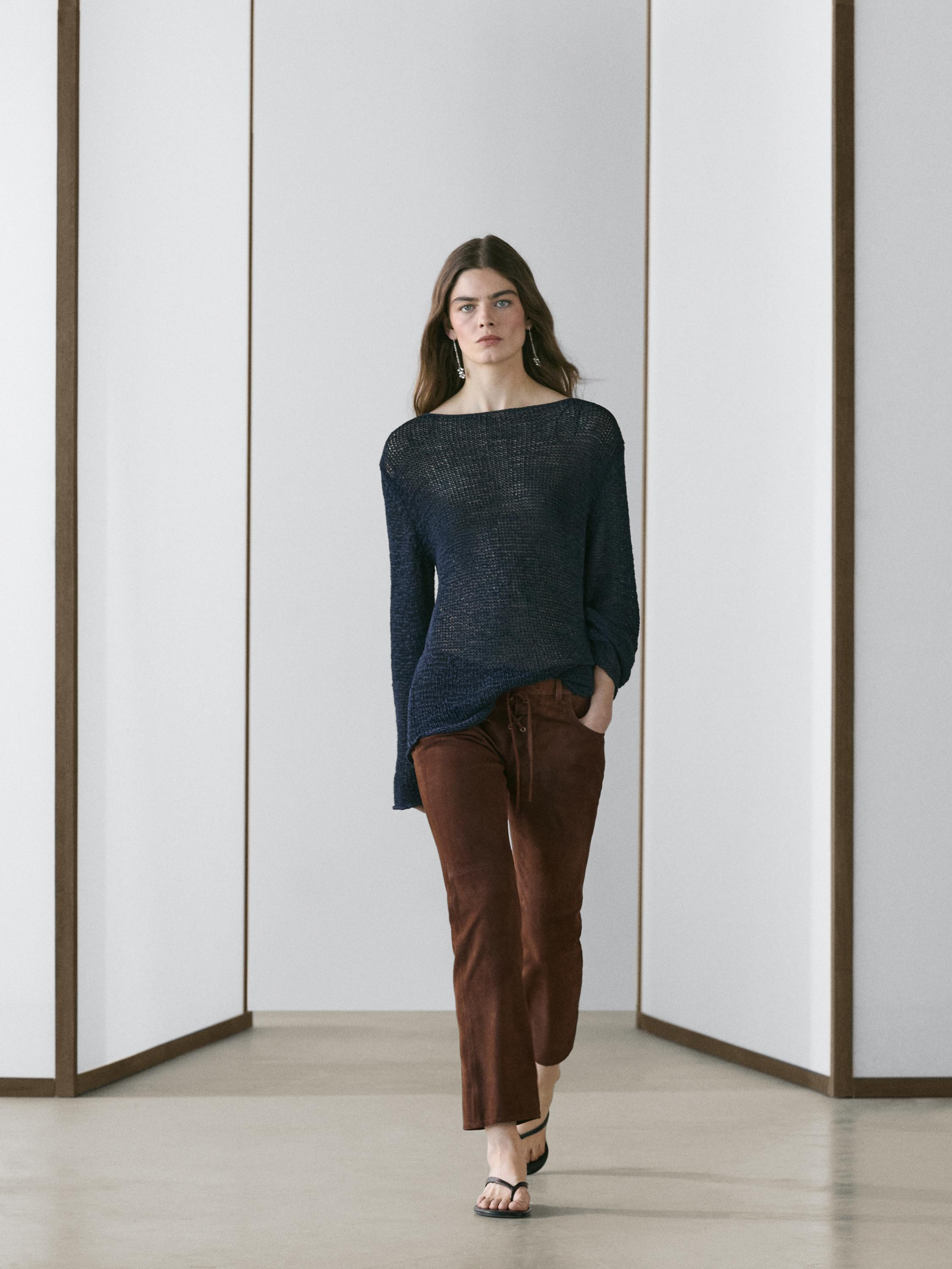Cropped suede leather trousers with drawstrings | Massimo Dutti UK