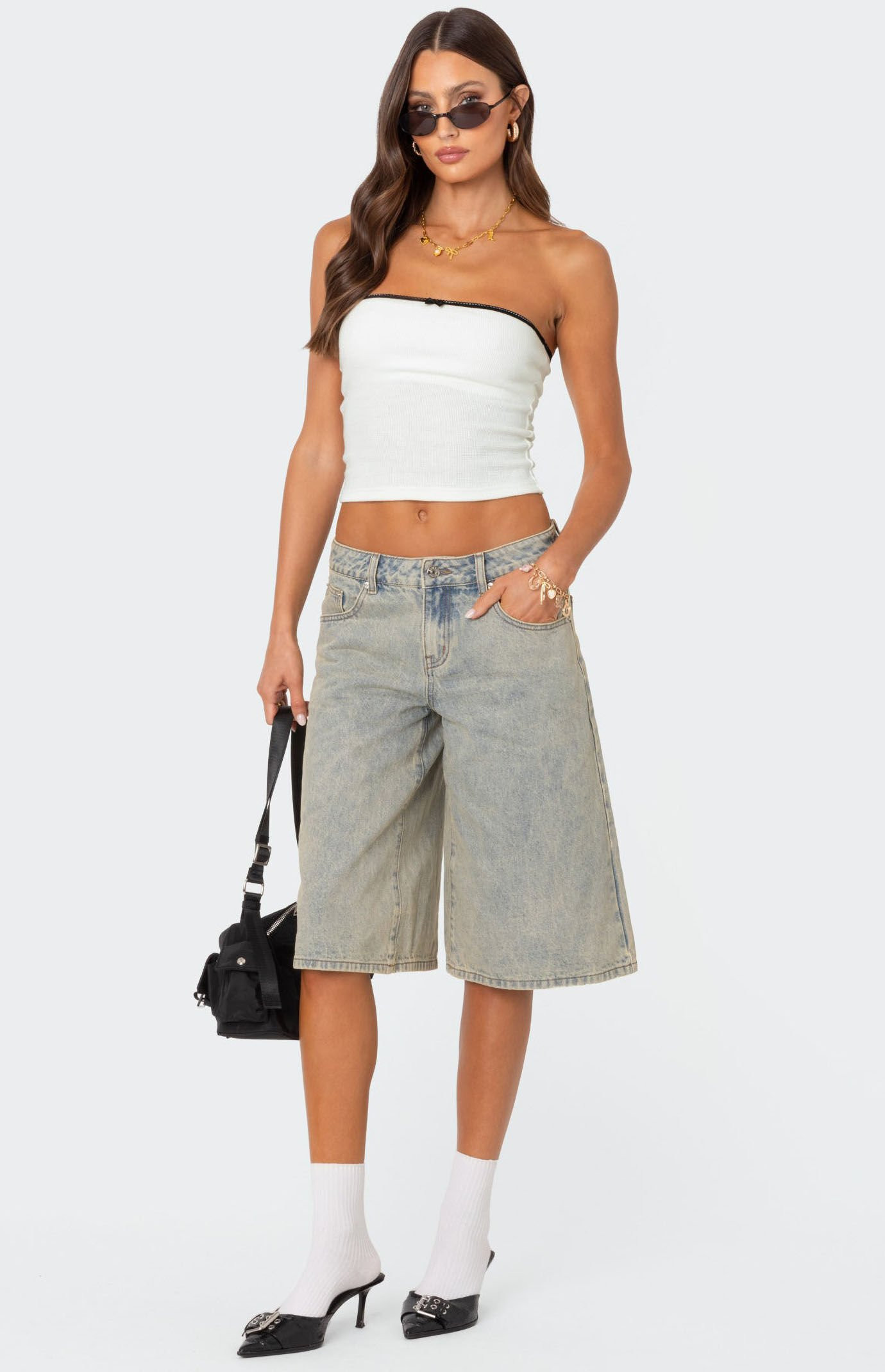 Edikted Women's Xtra Long Acid Wash Denim Shorts in Blue - Size Medium | PacSun