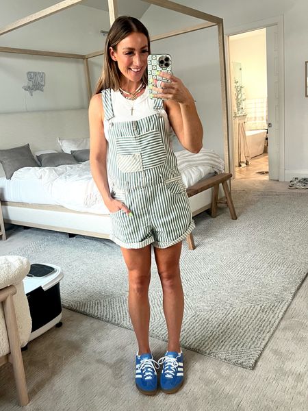 Ziggy stripe overalls wearing sm! TTS (they fit a little oversized) adidas blue gazelles size down a whole size 