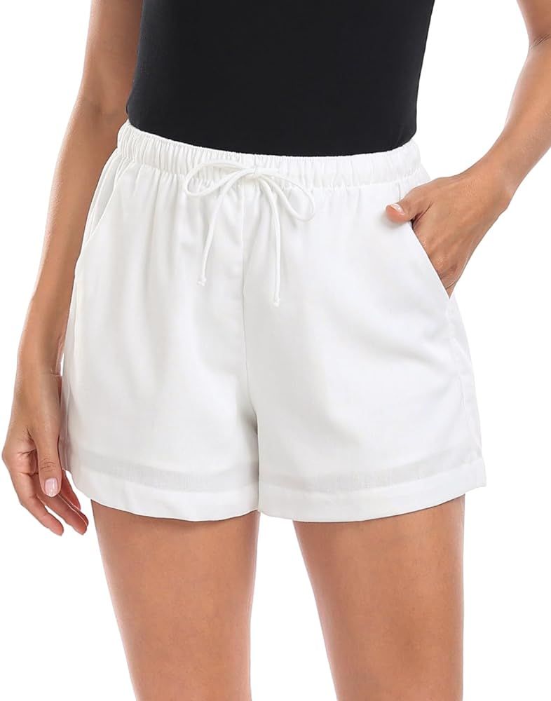 HDE Women's Linen Blend Drawstring Shorts High Waisted 4" Inseam Summer Shorts | Amazon (US)