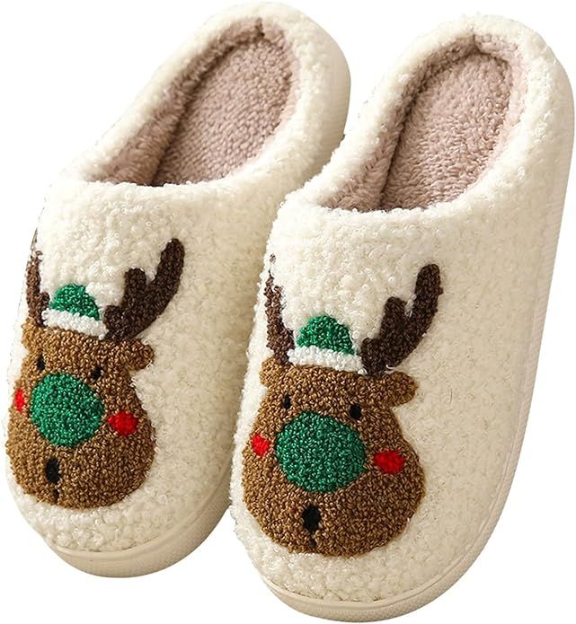 Christmas Slippers Cute Reindeer Slippers for Women, Soft Warm Preppy Fuzzy Winter Indoor Shoes, ... | Amazon (US)