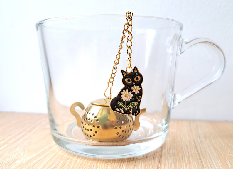 Tea Infuser With Enameled Black Cat Kitten Charm for Fresh Tea, Tea Strainer, Unique Original Gif... | Etsy (US)