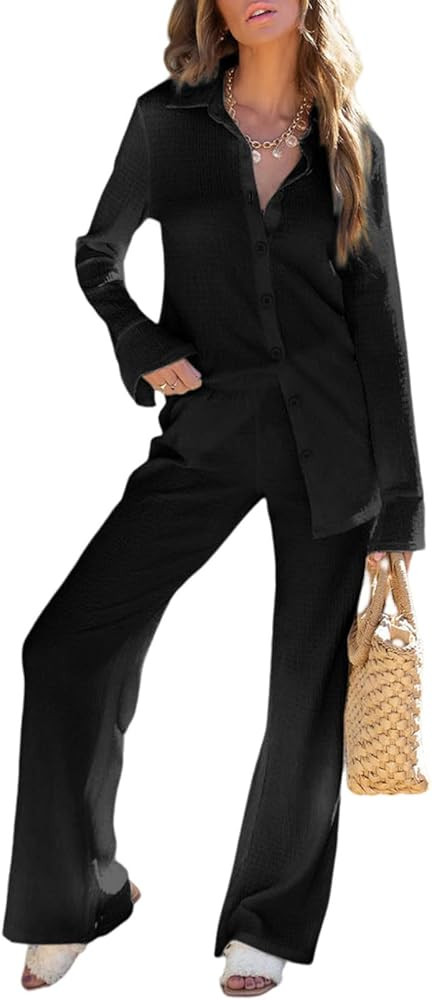 Dokotoo Womens 2 Piece Trendy Outfits Long Sleeve Button Down Tops Long Pants Tracksuit Matching ... | Amazon (US)