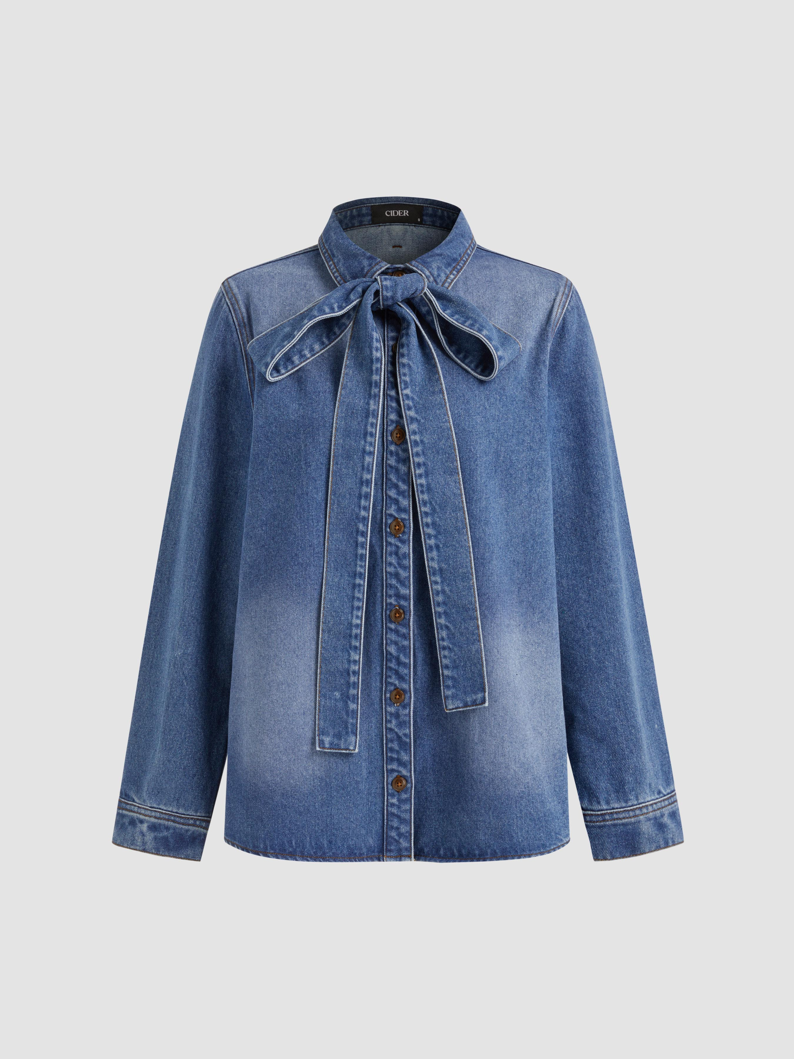 Denim Denim Collar Knotted Oversized Long Sleeve Blouse For School | Cider