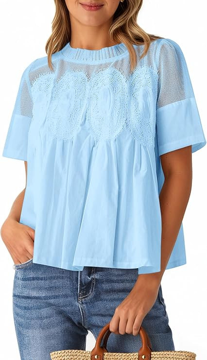 Cicy Bell Womens Babydoll Lace Blouses Short Sleeve Ruffle Crew Neck Peplum Tops Dressy Casual Lo... | Amazon (US)