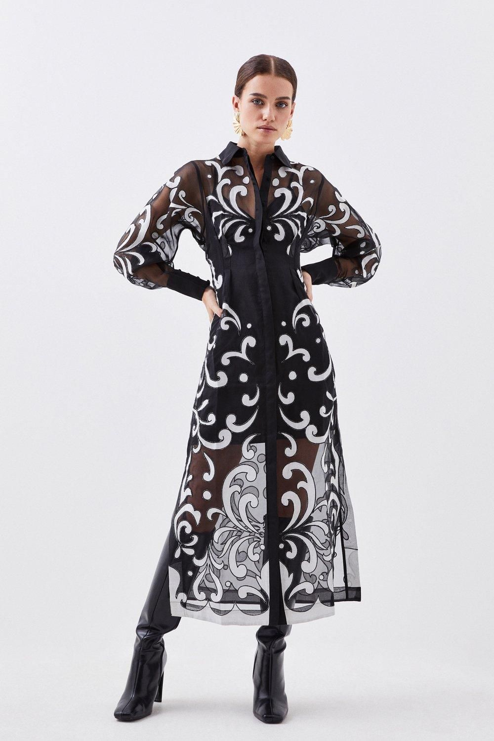 Tall Applique Organdie Woven Midi Shirt Dress | Karen Millen UK + IE + DE + NL