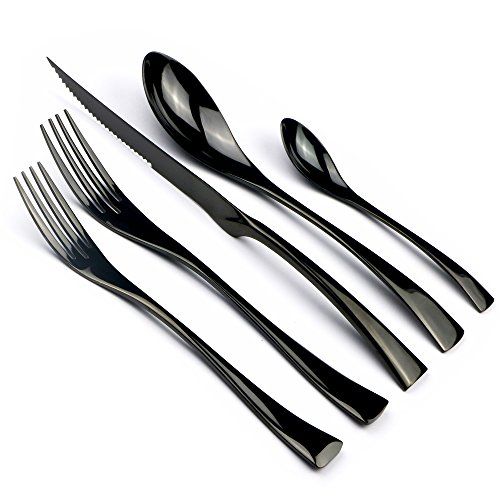 JANKNG 20-Piece 18/10 Stainless Steel Serrated Steak Knife Flatware Set, Mirror Polishing Black, ... | Amazon (US)