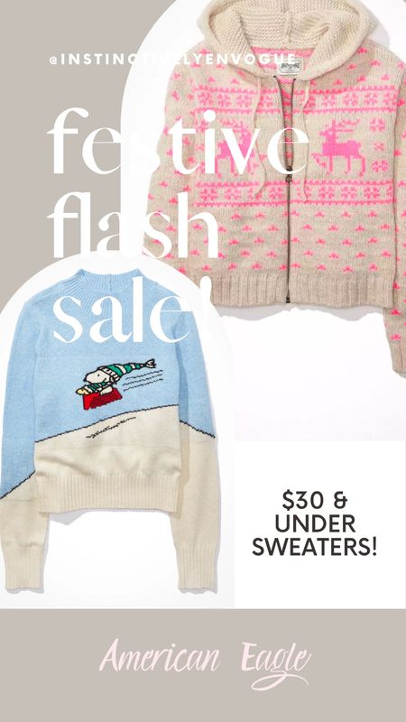 Festive sweaters on sale at American Eagle 
Ugly Christmas sweater 
Cozy sweater 
Gift guide 
Gifts for her 

#LTKHoliday #LTKsalealert #LTKGiftGuide