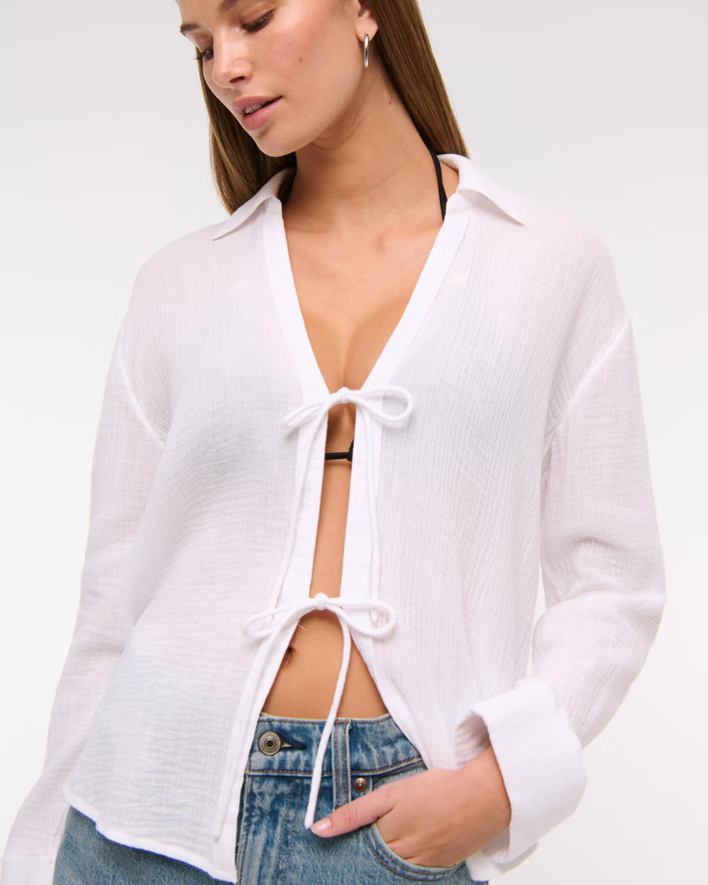 Long-Sleeve Oversized Tie-Front Gauzy Shirt | Abercrombie & Fitch (US)