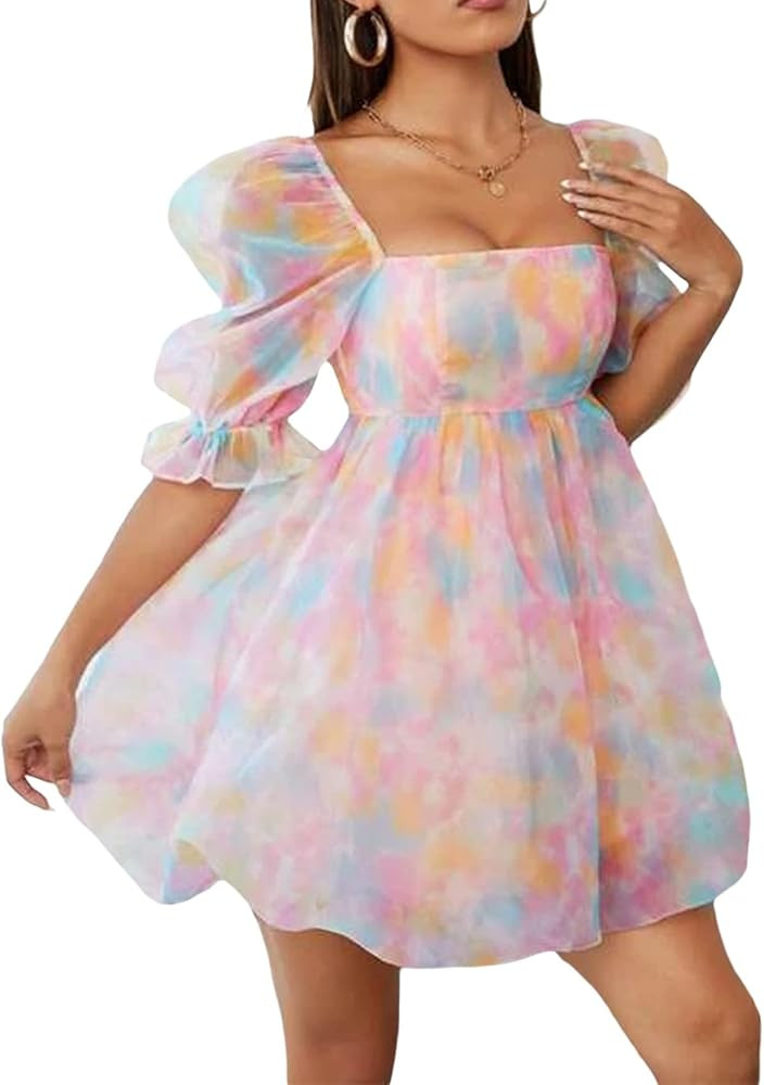 Women's Puff Sleeve Tulle Princess Dress Square Neck Fairy Mini Dress Tie Dye Party Wedding Dress... | Amazon (US)