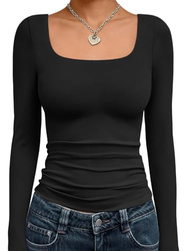 Trendy Queen Womens Long Sleeve Shirts Crop Scoop Neck Tops Fall Fashion Solid Going Out Basics Tees Y2k Clothes 2026 Black XS | Amazon (US)