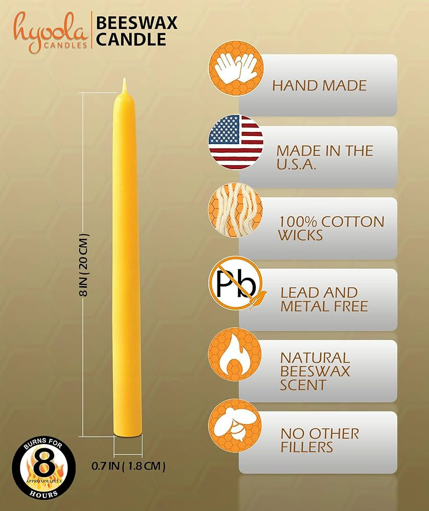Hyoola 8.5 Inch Beeswax Taper Candles - 12 Pack - Handmade, All Natural, 100% Pure Unscented Bee ... | Amazon (US)