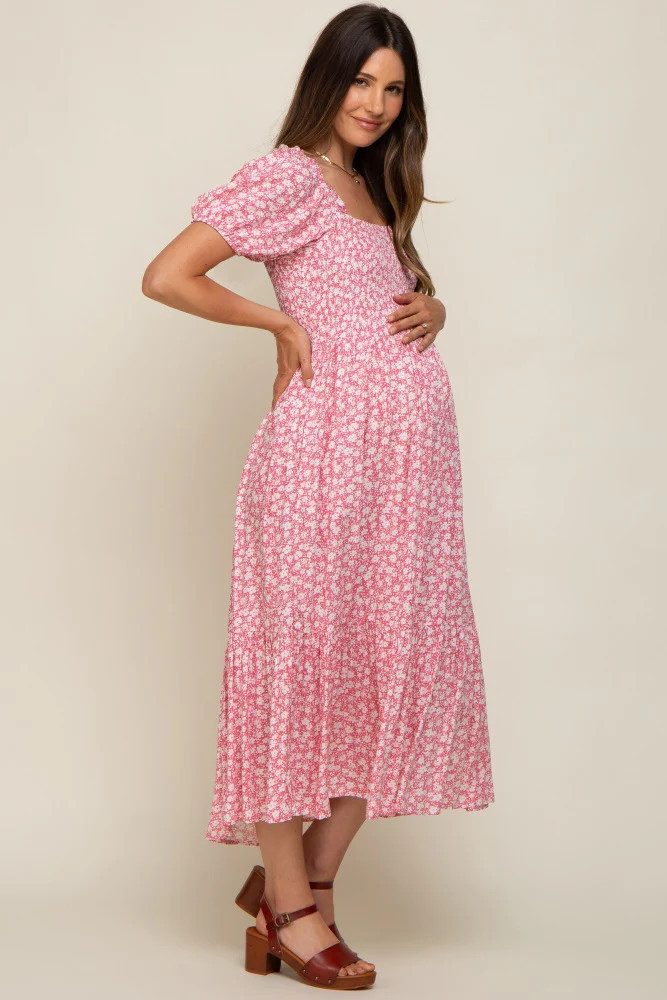 Pink Floral Smocked Short Sleeve Maternity Midi Dress | PinkBlush Maternity