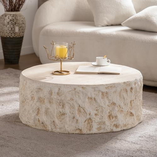 JUSTONE 31.49'' Round Coffee Tables for Living Room,Faux Stone Modern Minimalist Side Tables Accent End Table for Apartment,Office,No Need Assembly,Beige | Amazon (US)