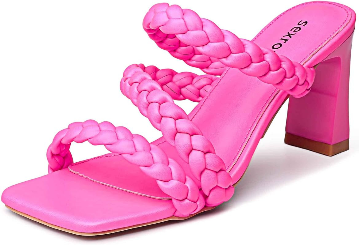 sexrosly Women's Braided Heels Sandals Strappy Square Toe Chunky Block Heel Mules Slip On Sexy Dr... | Amazon (US)