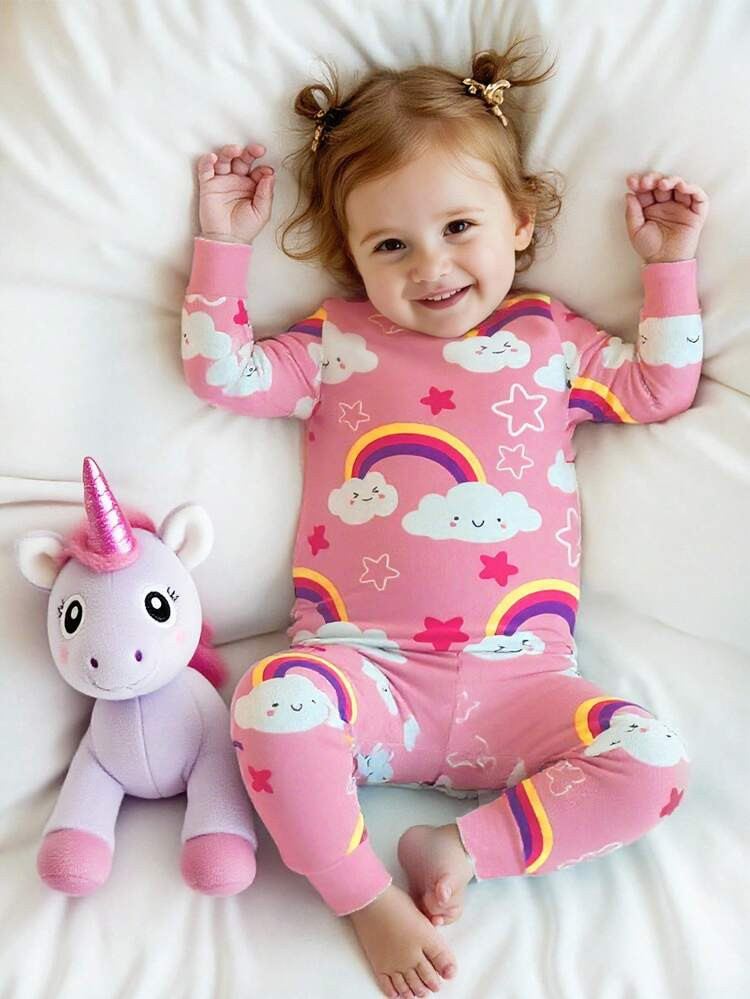 SHEIN 2pcs Baby Girls' Cute Rainbow Cloud Star Print Knitted Elastic Fabric Round Neck Long Sleev... | SHEIN