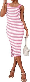 MEROKEETY Women's 2024 Summer Striped Knit Bodycon Midi Dress Square Neck Side Slit Tank Ribbed S... | Amazon (US)