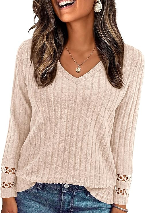 PRETTYGARDEN Women's Long Sleeve Shirts Ribbed Knit V Neck Tee Dressy Casual Blouses Going Out Tu... | Amazon (US)