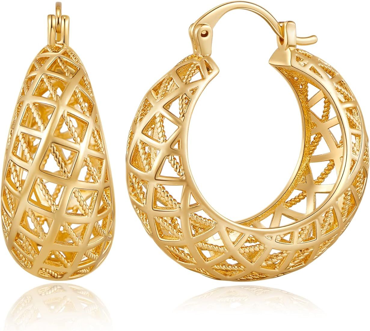 WOWORAMA Filigree Hoop Earrings for Women 14K Gold Plated Thick Chunky Hoop Earrings Openwork Rou... | Amazon (US)