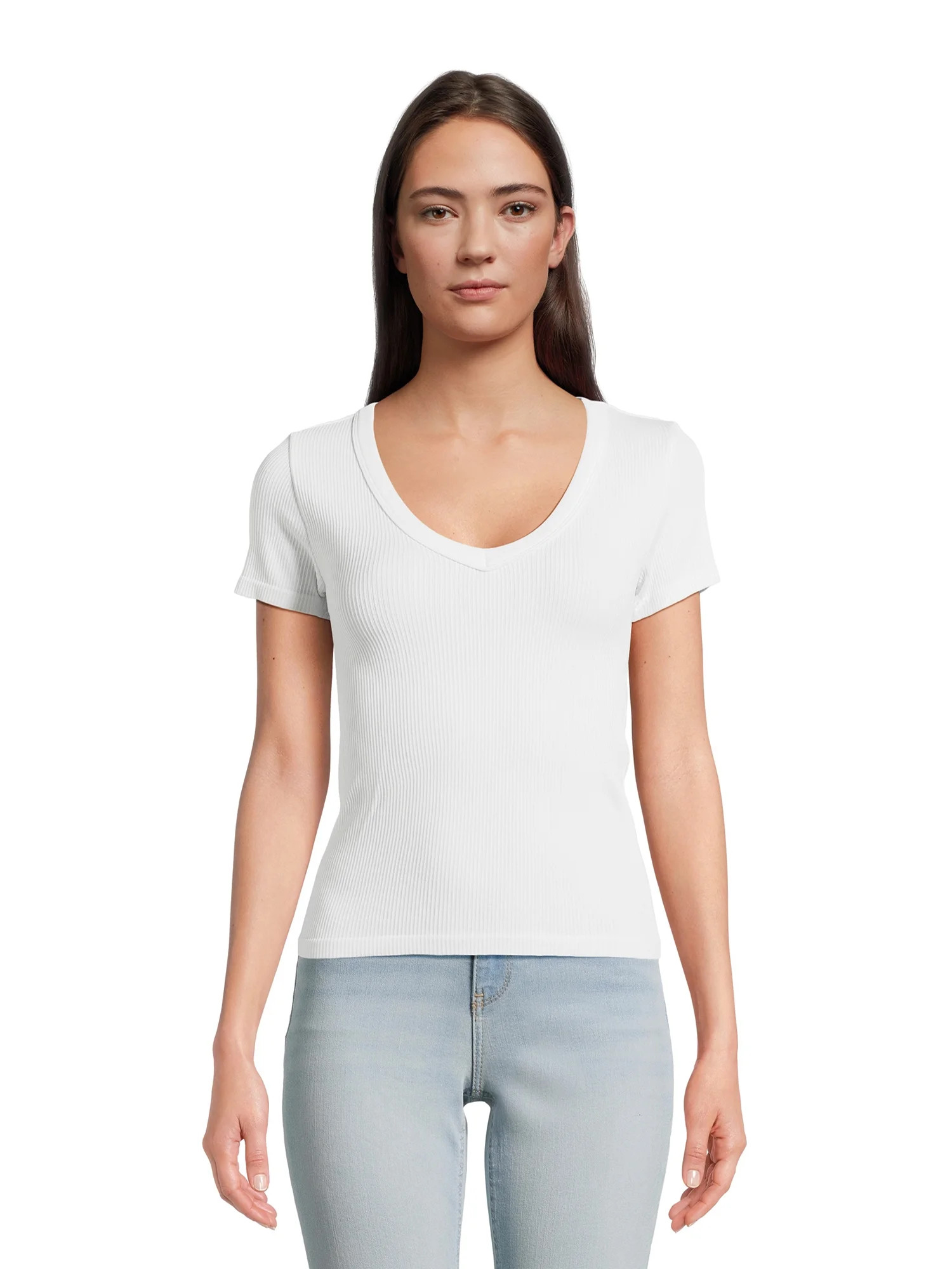 No Boundaries Juniors’ Seamless V-Neck Tee with Short Sleeves | Walmart (US)