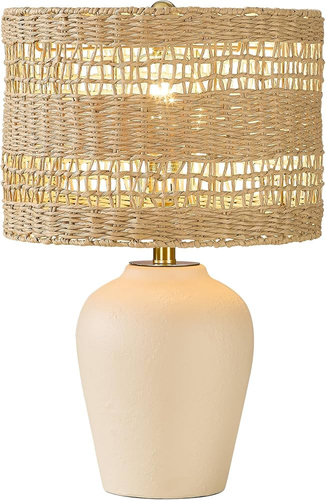 Maxax Boho Ceramic Table Lamp for Living Room, 21" Farmhouse Ceramic Bedside Lamp with Woven Ratt... | Amazon (US)