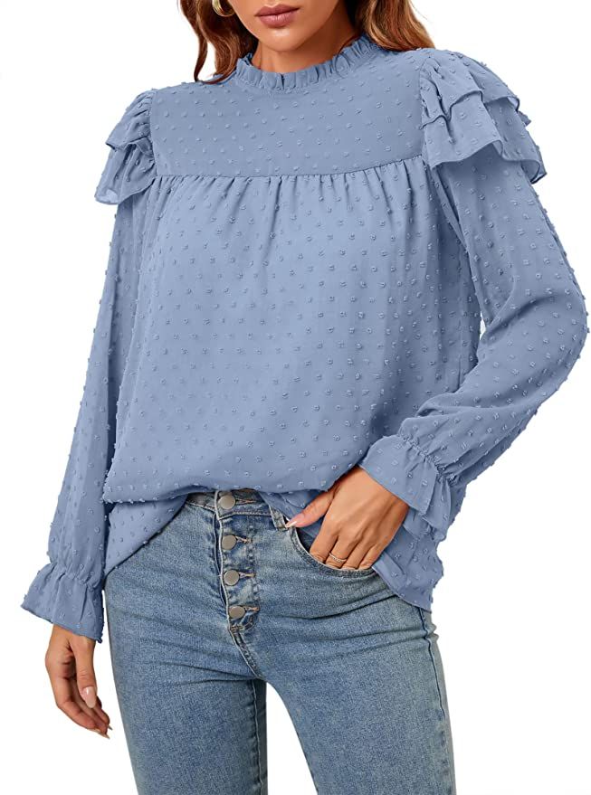 JoyJoy Ruffled Long Sleeve Blouse Fall Women's Swiss Dot Mock Neck Keyhole Back Top Shirts | Amazon (US)