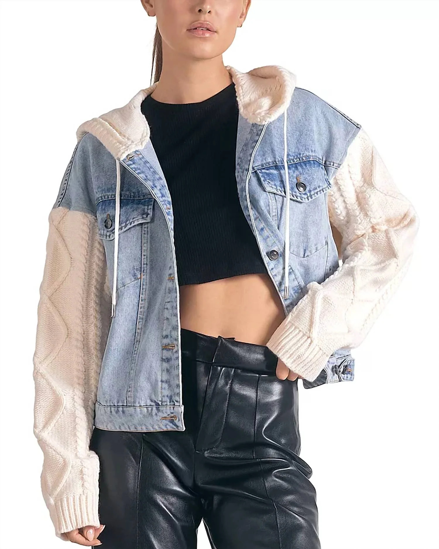 Mixed Media Hooded Jacket In Denim | Shop Simon