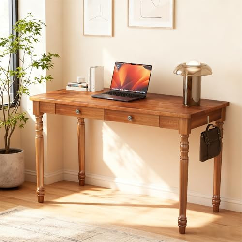 LuxeSand Mid Century Modern Desk, 47" Vintage Solid Wood Desk with 2 Drawers, Boho Writing Desk Computer Table for Home, Office, Bedroom, Living Room | Amazon (US)