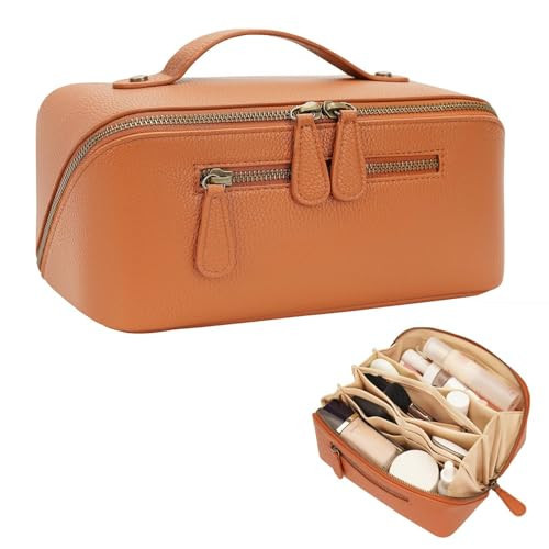 Divvia Travel Makeup Bag Large Capacity Cosmetic Bags for Women Waterproof Make up Organizer Toiletry Bag Open Flat Portable with Divider with Handle Pouch (Brown, 2L) | Amazon (US)