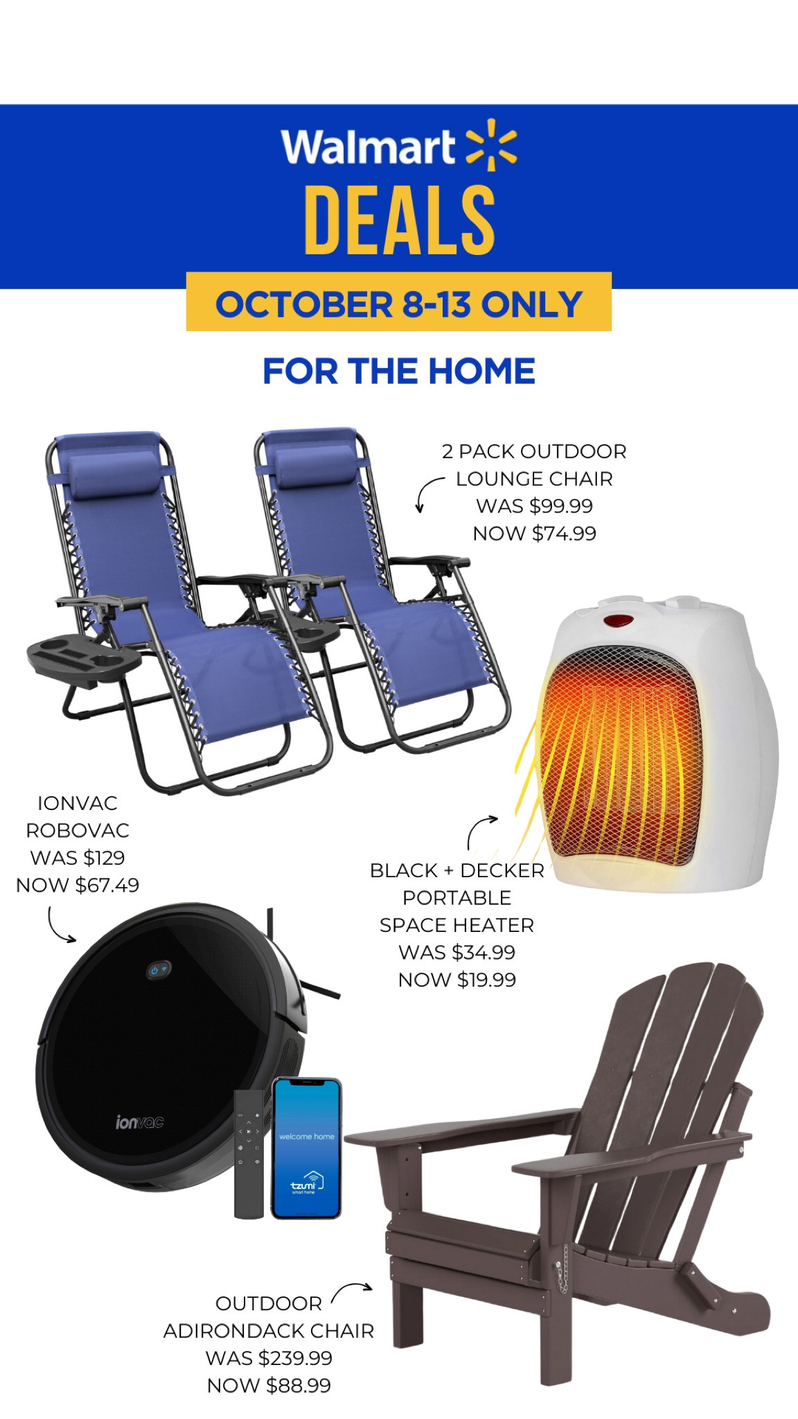 Walmart deals include a set of outdoor lounge chairs, a portable heater, Donovan, and Adirondack chair.

Walmart home, outdoor decor, outdoor furniture, patio furniture 

#LTKFindsUnder100 #LTKHome #LTKSaleAlert