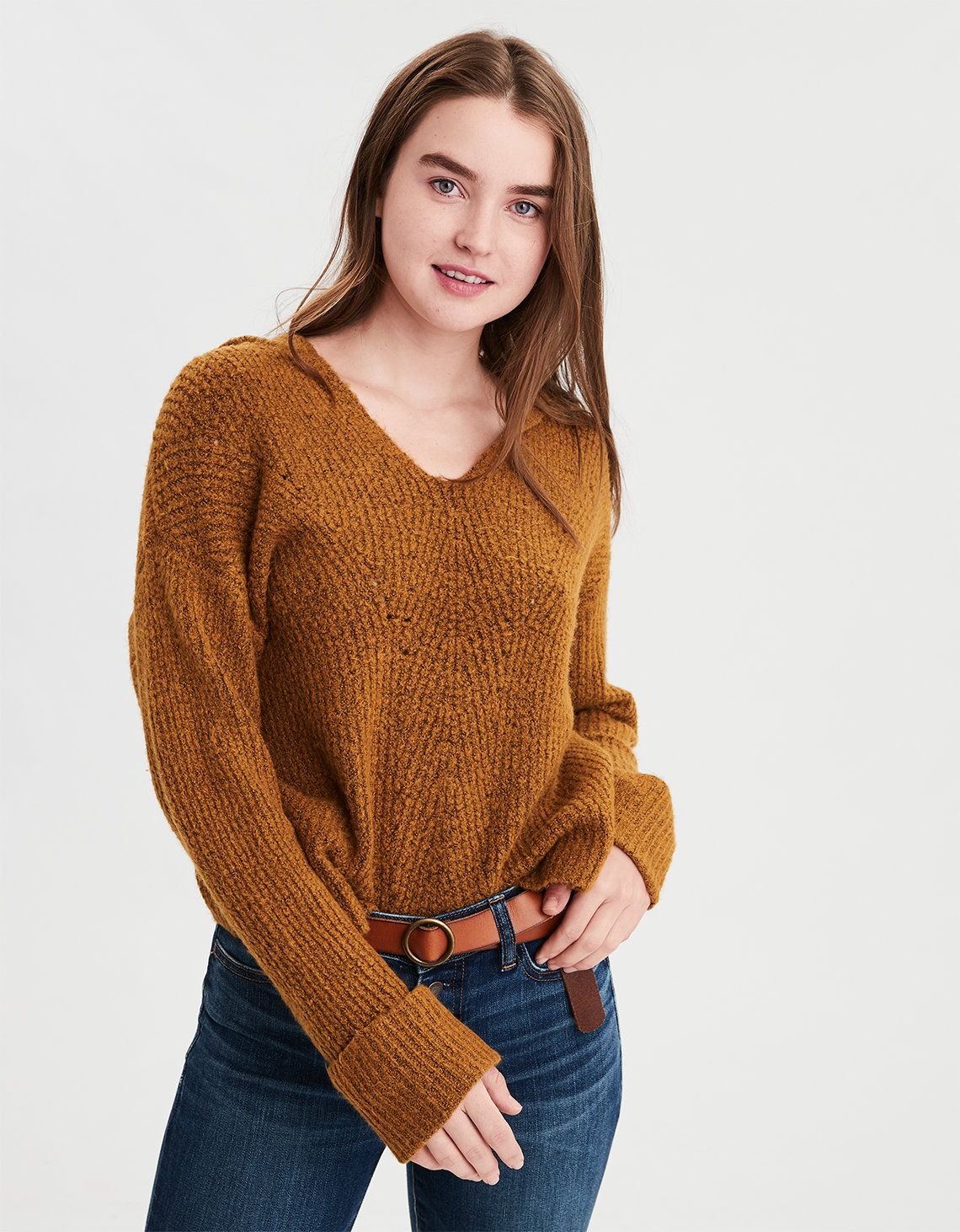 AE Waffle Hooded Sweater, Mustard | American Eagle Outfitters (US & CA)