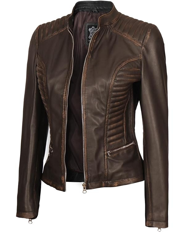 Blingsoul Brown Leather Jacket Women - Cafe Racer Black Womens Leather Jackets | Amazon (US)