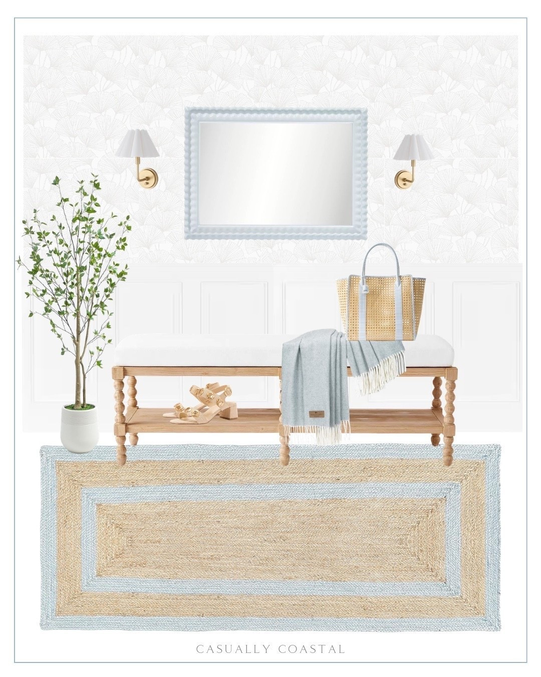 Coastal Entryway Design - this bench is currently 20% off! 

Coastal home, coastal rug, coastal mirror, coastal style, Serena & lily bench, coastal bench, scalloped portrait wall mirror, coastal wallpaper, wayfair wallpaper, waterproof caning tote, coastal sconce, Amazon rug, double border jute runner rug, 2x10 rug, coastal throw blanket, faux citrus tree, 6 foot citrus tree, open toe sandals, chunky block heels, coastal hook

#LTKHome #LTKSaleAlert