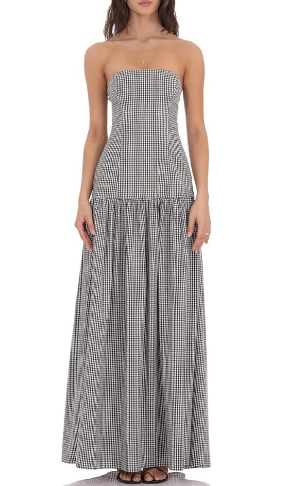UAURORAO Women Gingham Strapless Maxi Dress Drop Waist Tube Long Dresses Off Shoulder Backless Fl... | Amazon (US)