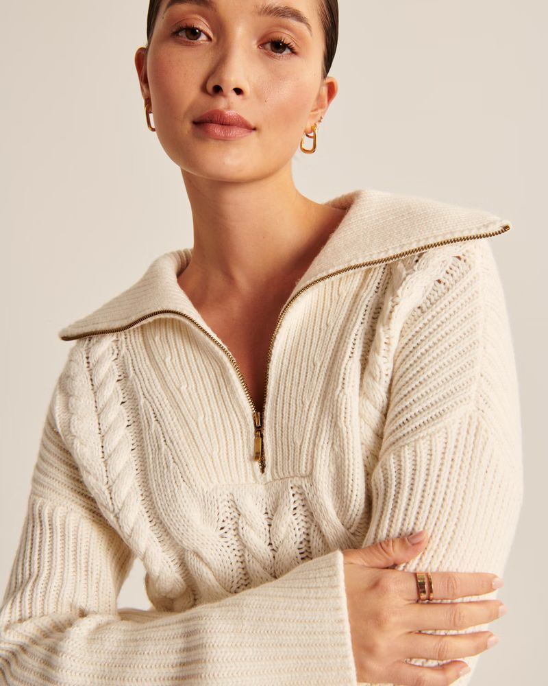 Women's Merino Wool-Blend Cable Half-Zip | Women's | Abercrombie.com | Abercrombie & Fitch (US)