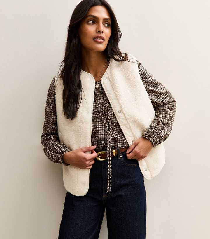 Cream Borg Sleeveless Gilet Jacket 
						
						Add to Saved Items
						Remove from Saved Items | New Look (UK)