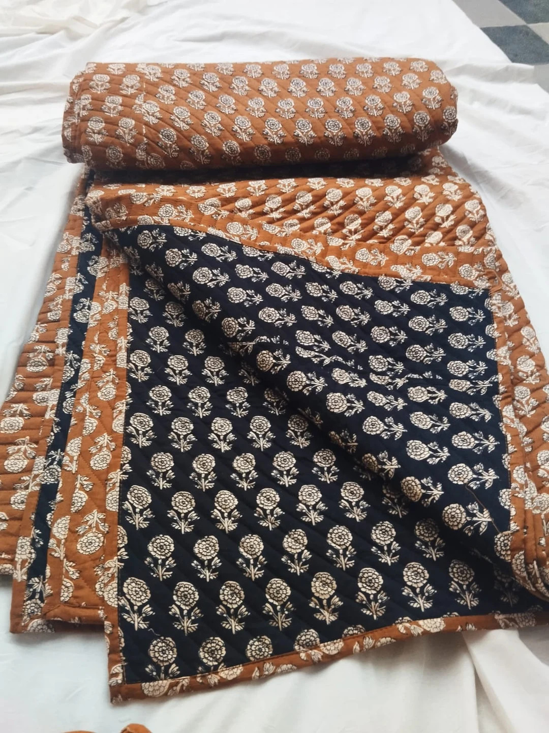 Black and Muster Colour Cotton Reversible Quilt New Kantha Quilt Handblock Printed Quilt Handmade... | Etsy (US)