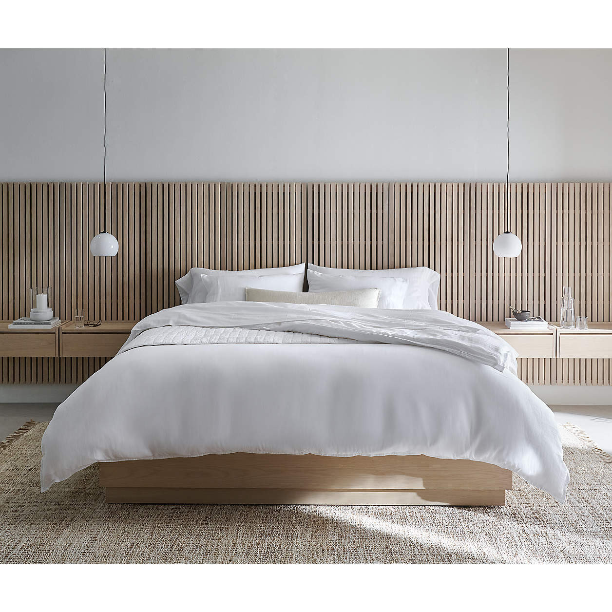 Batten White Oak Queen Plinth-Base Storage Bed, Panels and Nightstands + Reviews | Crate & Barrel | Crate & Barrel