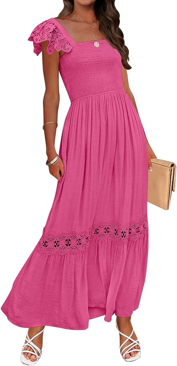 ZESICA Women's 2023 Summer Lace Strap Sleeveless Square Neck Smocked High Waist Ruffle Hollow Out... | Amazon (US)